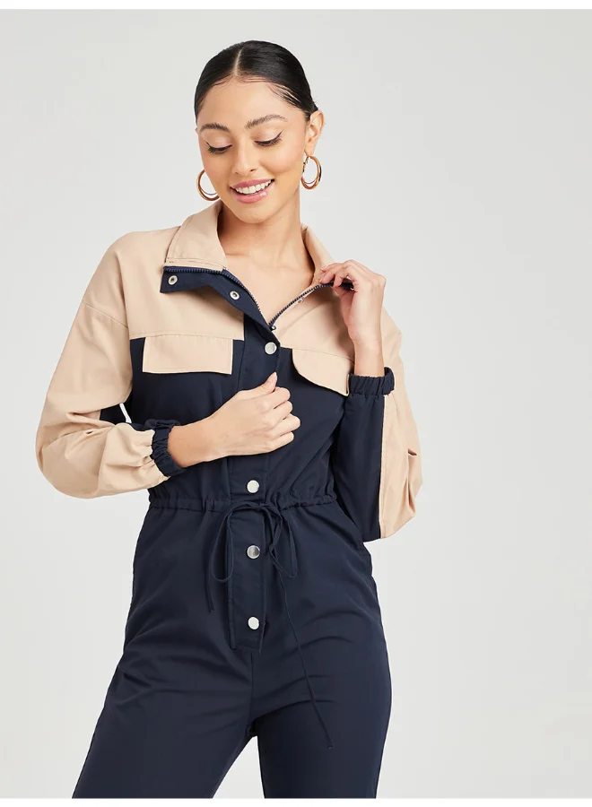 Closet By Styli Collared Neck Colourblock Button Through Jumpsuit Blue/Beige