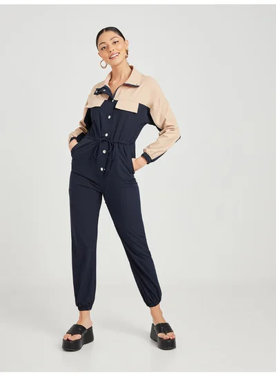 Closet By Styli Collared Neck Colourblock Button Through Jumpsuit Blue/Beige