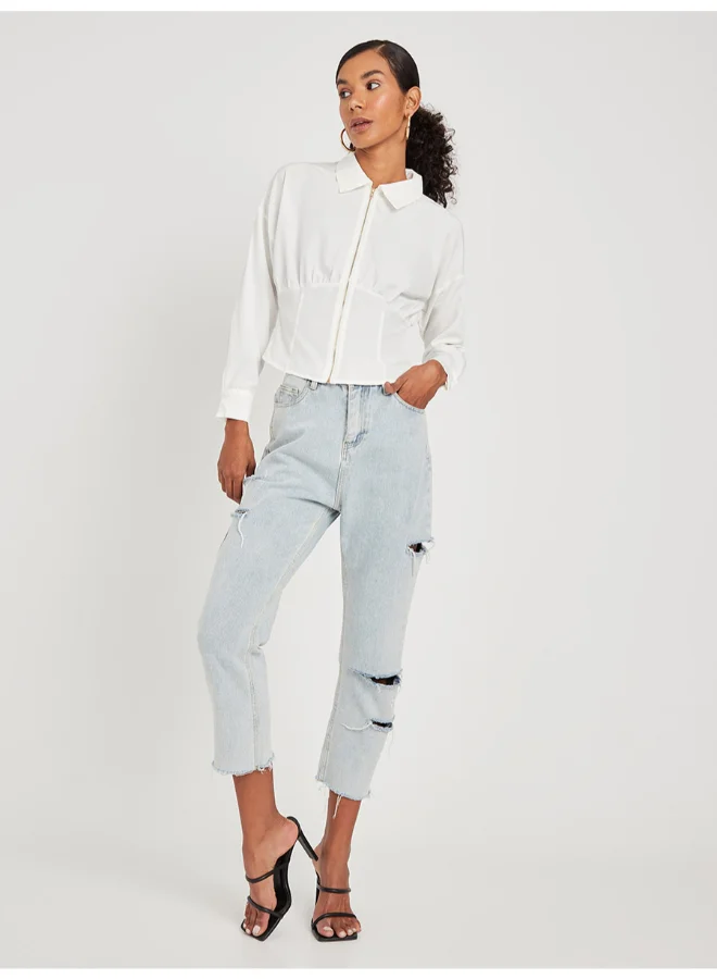 Closet By Styli Corset Panel Zip Through Shirt White
