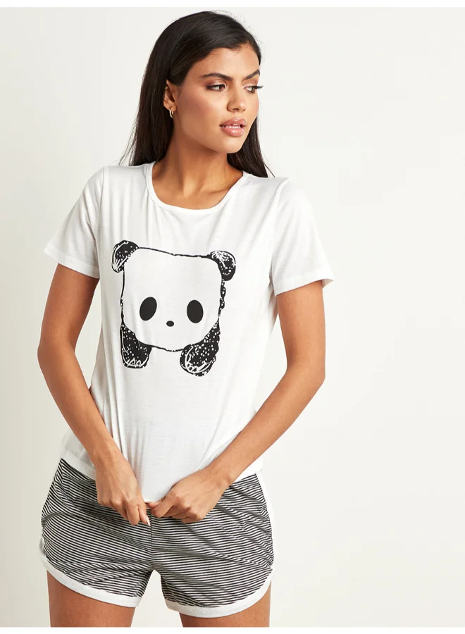Closet By Styli Sketchy Panda Printed T-Shirt And Stripes Shorts Set Multicolour