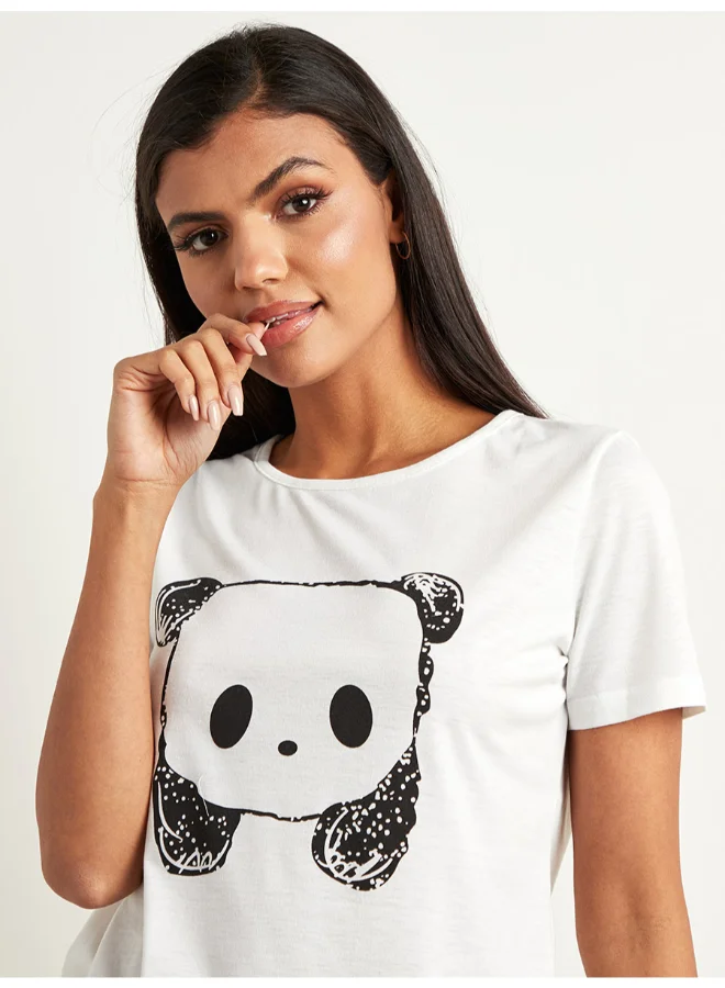 Closet By Styli Sketchy Panda Printed T-Shirt And Stripes Shorts Set Multicolour