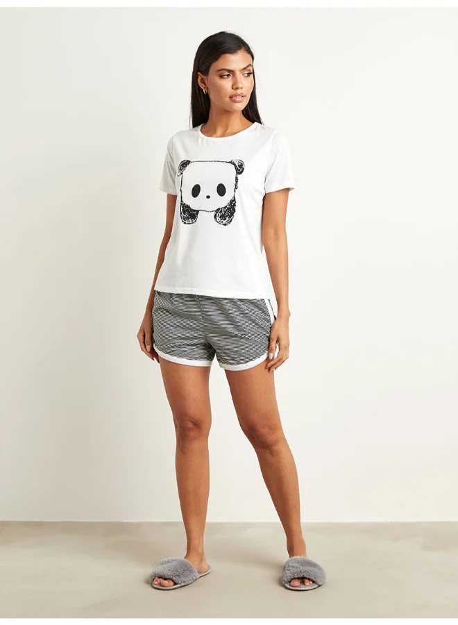 Closet By Styli Sketchy Panda Printed T-Shirt And Stripes Shorts Set Multicolour