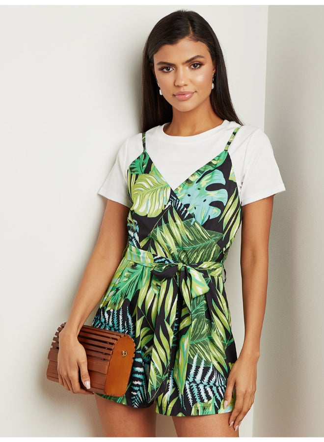 Tropical Printed Waist Belted Strappy Playsuit Green