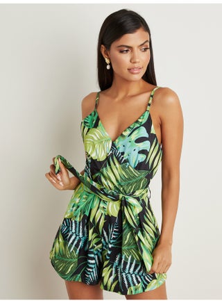 Tropical Printed Waist Belted Strappy Playsuit Green - v1643975735/N41090639V_2