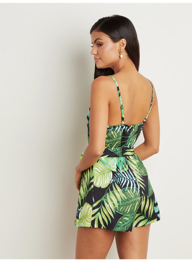 Tropical Printed Waist Belted Strappy Playsuit Green