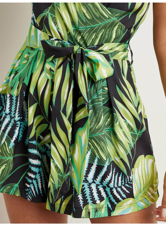 Tropical Printed Waist Belted Strappy Playsuit Green