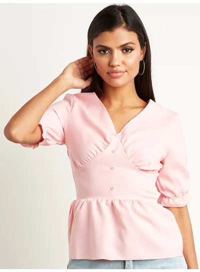 Closet By Styli Solid V-Neck Short Sleeves Top Pink