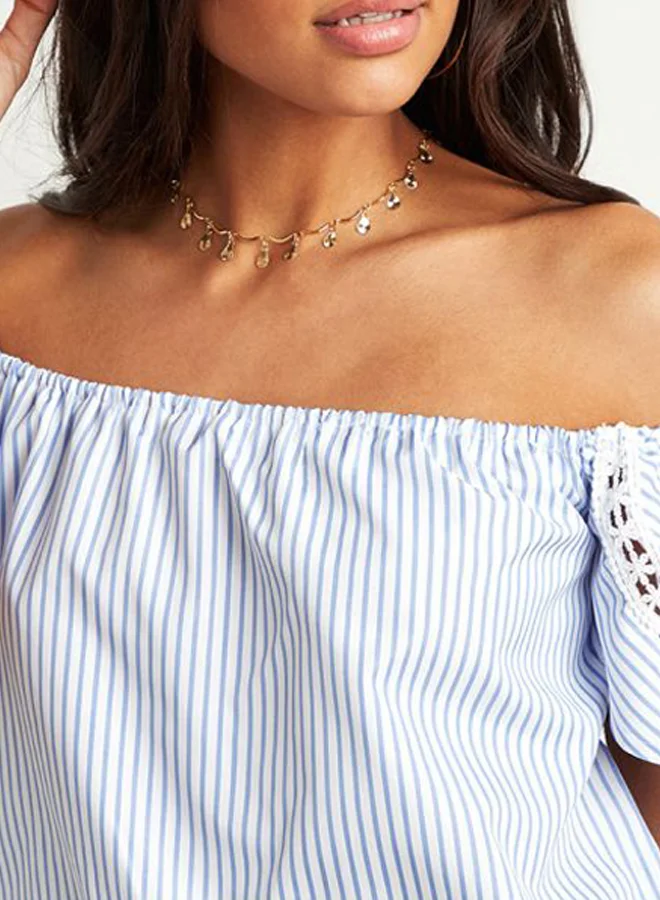 Closet By Styli Striped Crochet Insert Off Shoulder Top Blue/White