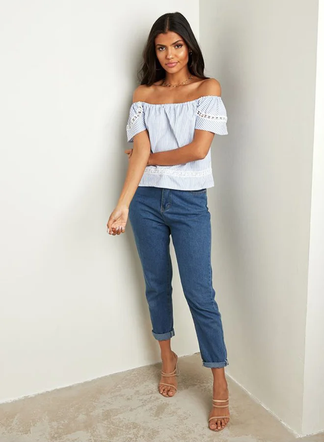 Closet By Styli Striped Crochet Insert Off Shoulder Top Blue/White