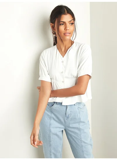 Closet By Styli Button Through V-Neck Short Sleeves Peplum Top White