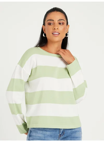 Closet By Styli Striped Pattern Short Length Sweater Green/White