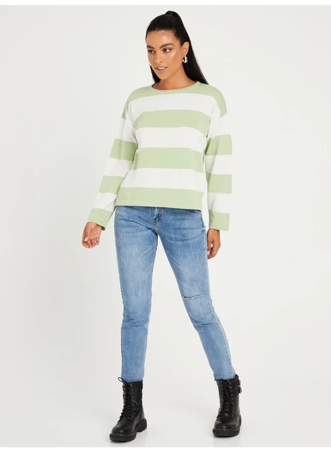 Closet By Styli Striped Pattern Short Length Sweater Green/White