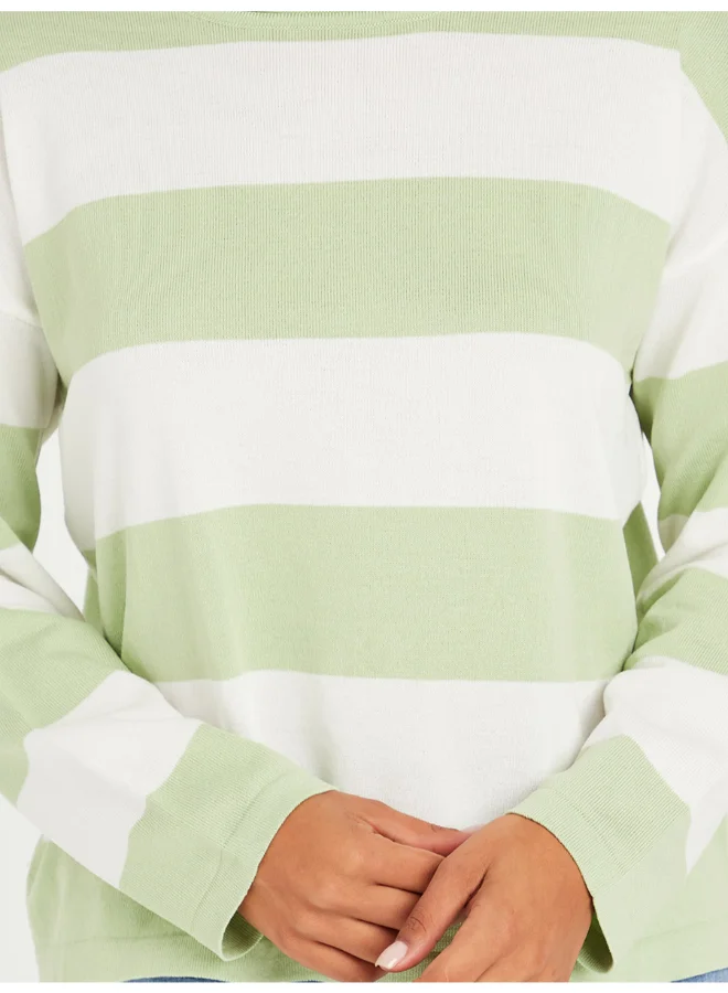 Closet By Styli Striped Pattern Short Length Sweater Green/White