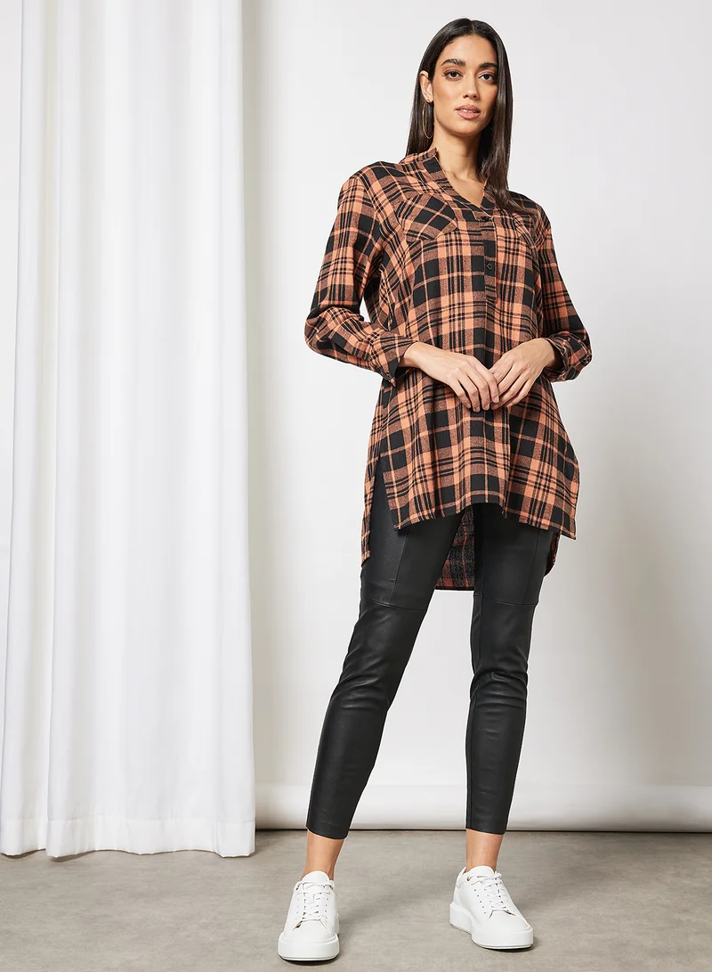 LABEL RAIL Plaid Print Longline Shirt Brown