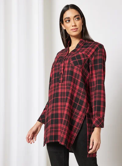 LABEL RAIL Plaid Print Longline Shirt Red
