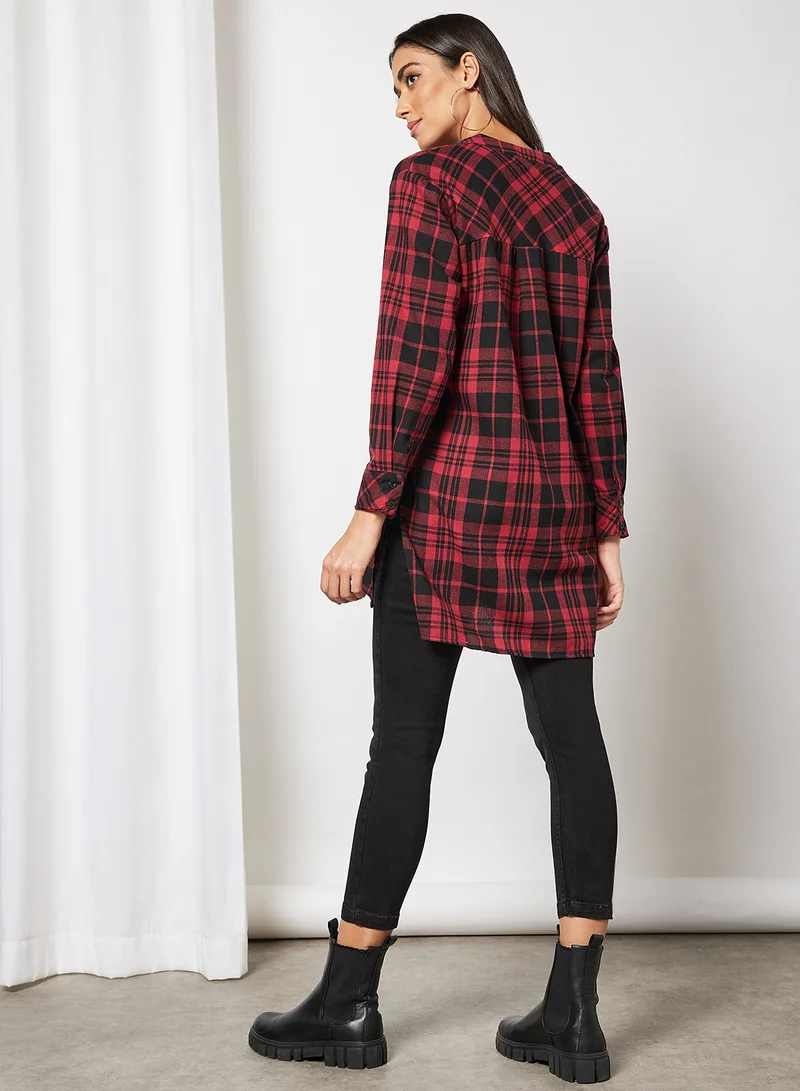 لايبل ريل Plaid Print Longline Shirt Red