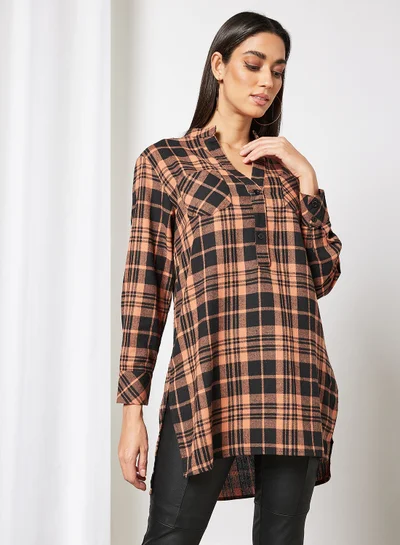 LABEL RAIL Plaid Print Longline Shirt Brown