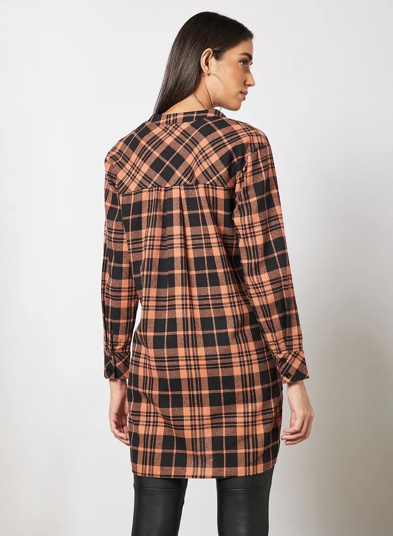 LABEL RAIL Plaid Print Longline Shirt Brown