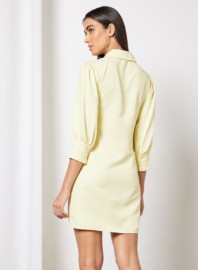 Aila Shirt Neck Front Button Ruched Details Dress Yellow  - Image 2