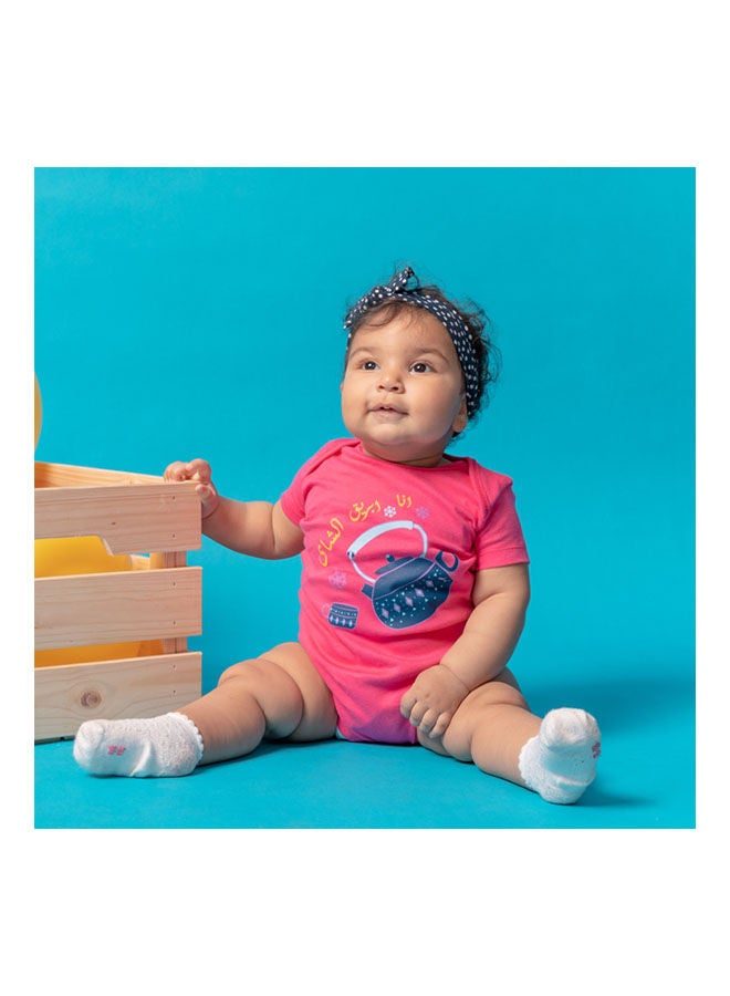 Casual Printed Round Neck Short Sleeve Bodysuit Fouchia