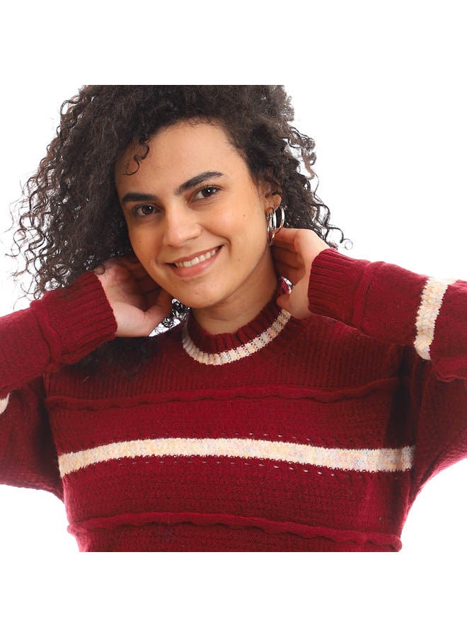 Andora - Casual Colour Blocked High Neck Long Sleeve  pullover Maroon - Image 1