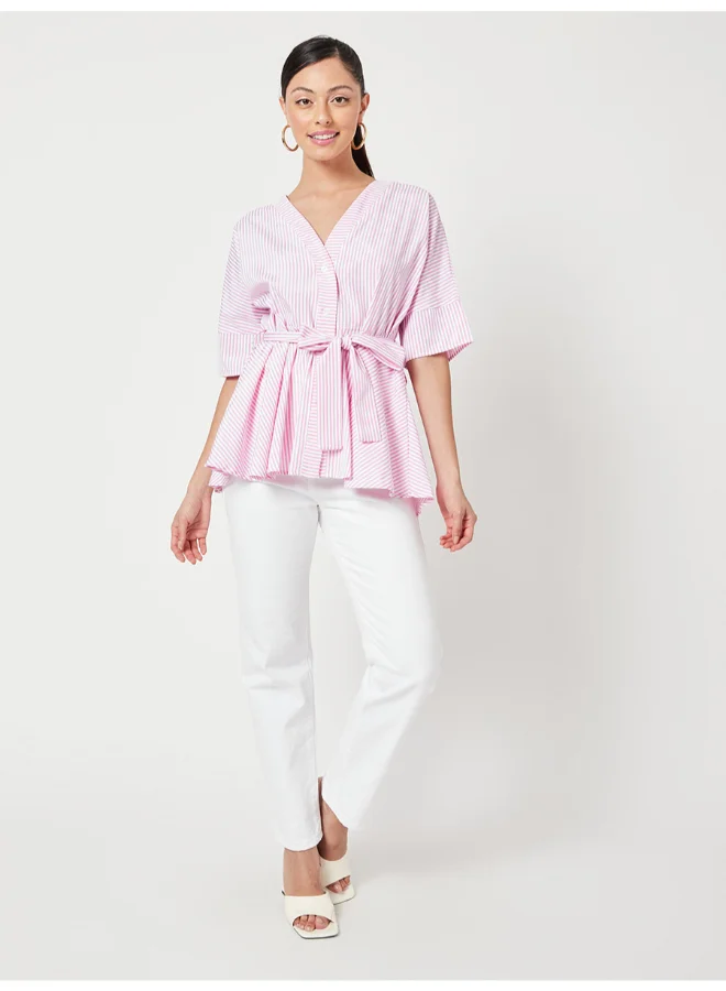 Closet By Styli Striped Pattern Tie Belt V-Neck Peplum Top Pink/White