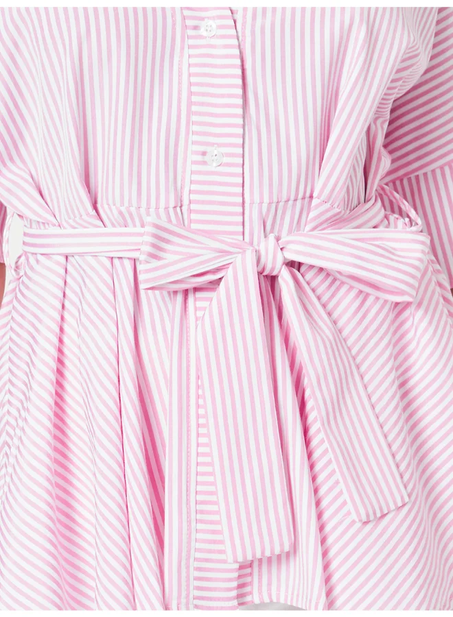 Closet By Styli Striped Pattern Tie Belt V-Neck Peplum Top Pink/White
