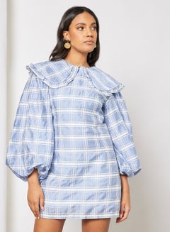 GHOSPELL Tidal Check Voluminous Sleeve Mini Dress Blue  - Image 1