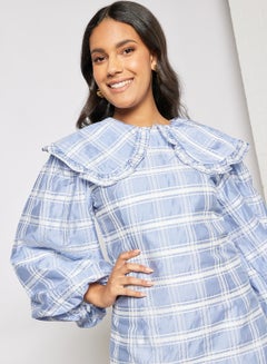 GHOSPELL Tidal Check Voluminous Sleeve Mini Dress Blue  - Image 4
