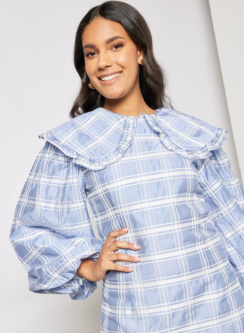 Tidal Check Voluminous Sleeve Mini Dress Blue