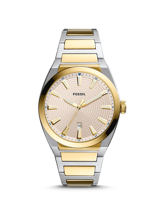 فوسيل ساعة يد إيفيريت طراز FS5823 بثلاثة عقارب مصنوعة من الاستانلس ستيل وبقطر 42 مم، باللون الفضي/الذهبي للرجال - Image 1