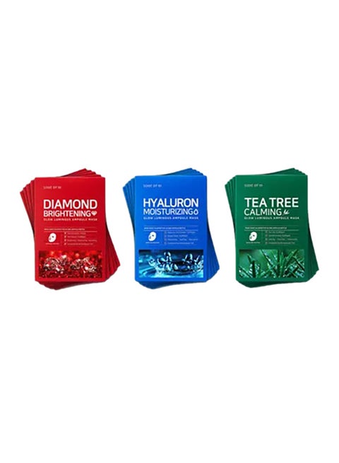 15-Piece Tea Tree Calming, Hyaluron Moisturizing and Diamond Brightening Sheet Masks Multicolour 375ml