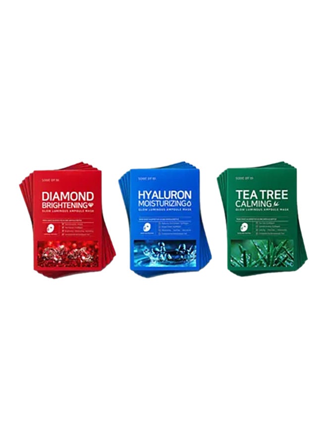 15-Piece Tea Tree Calming, Hyaluron Moisturizing and Diamond Brightening Sheet Masks Multicolour 375ml
