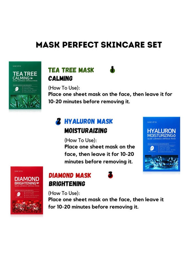 15-Piece Tea Tree Calming, Hyaluron Moisturizing and Diamond Brightening Sheet Masks Multicolour 375ml