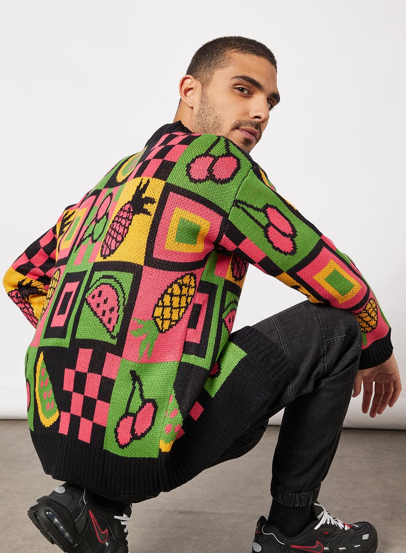 Vintage Supply - Fruit Checkerboard Cardigan Black - Image 1