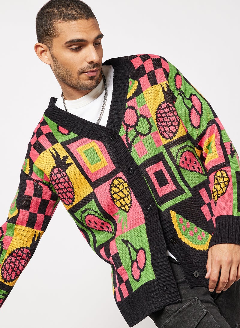 Vintage Supply - Fruit Checkerboard Cardigan Black - Image 1