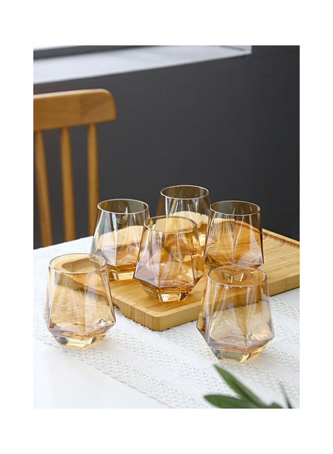 6-Piece Hexagonal Low Glass Water Cup Brown 9.2x9.3x6.6cm