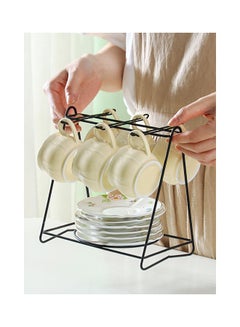 12-Piece Ergonomically Designed Fade-Proof Comfortable Grip Small Five Leaf Cup And Saucer Set With Stand Yellow/White 90ml