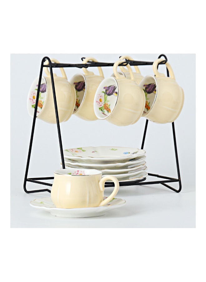 Shuer - 12-Piece Ergonomically Designed Fade-Proof Comfortable Grip Small Five Leaf Cup And Saucer Set With Stand Yellow/White 90ml - Image 1