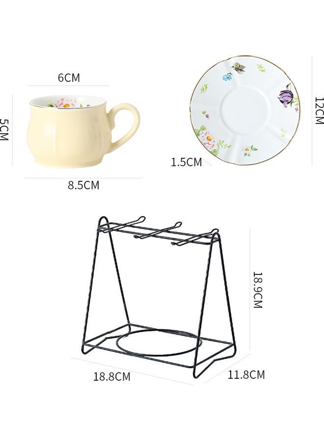 Shuer - 12-Piece Ergonomically Designed Fade-Proof Comfortable Grip Small Five Leaf Cup And Saucer Set With Stand Yellow/White 90ml - Image 1