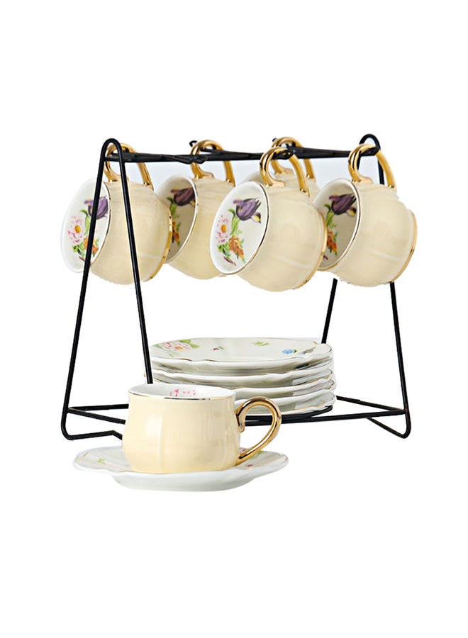 Shuer - 12-Piece Ergonomically Designed Fade-Proof Comfortable Grip Small Five Leaf Cup And Saucer Set With Stand Yellow/White 90ml - Image 1