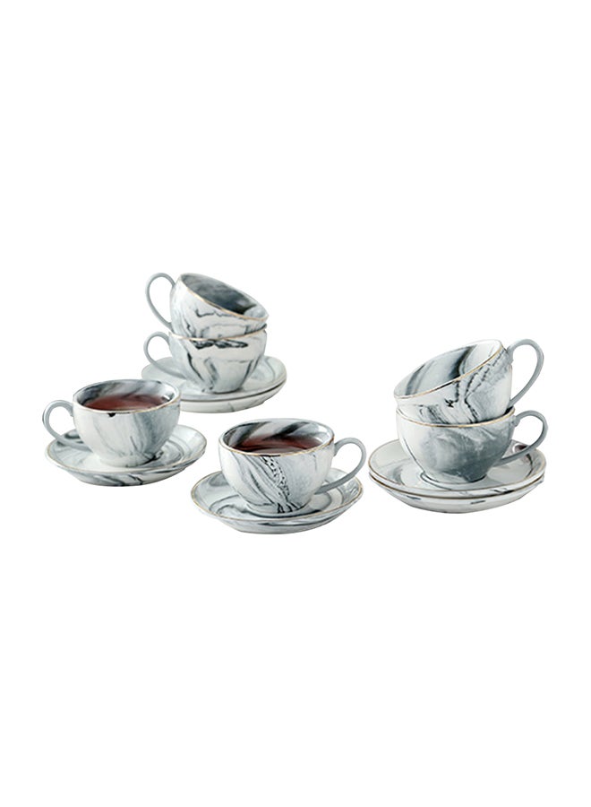 Sharpdo - 6-Piece Pink Marble Design Coffee Cups And Saucers Set Grey 140ml - Image 1