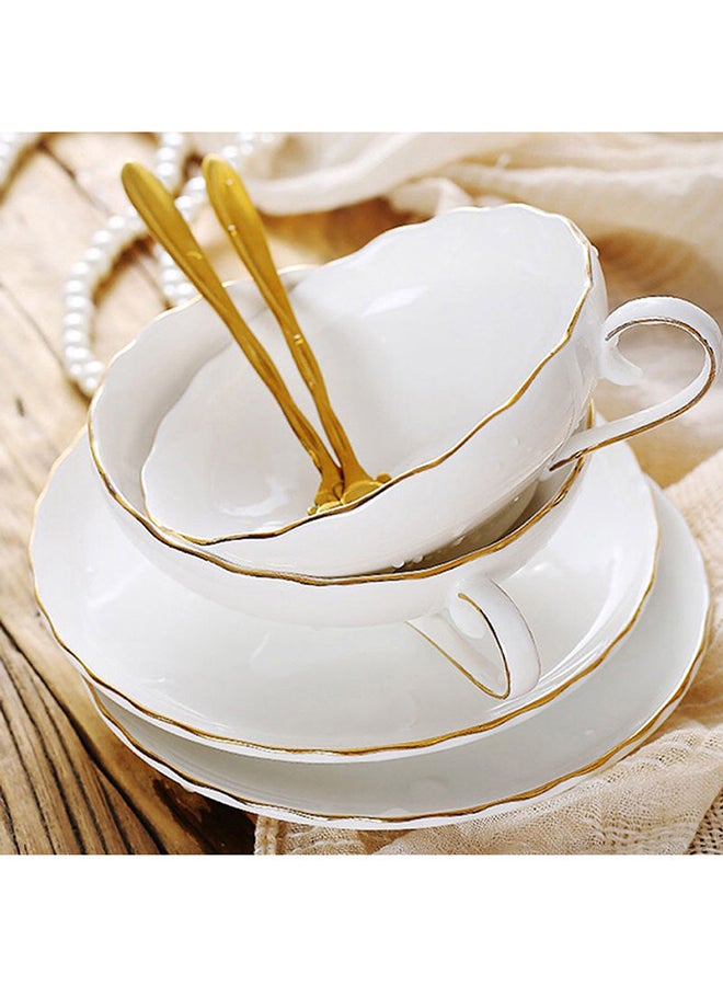 3-Piece Ceramic Tableware Gold Spoon & Coffee Cup With Saucer Set White 230ml  - Image 5