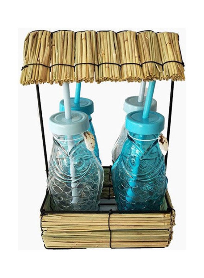 نيو فلام مجموعة زجاجات على شكل سمك من 4 قطع مع حامل بتصميم كوخ أزرق 0.5لترات