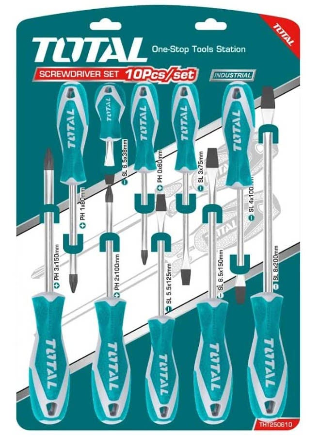 TOTAL 10 Pcs Screwdriver Set - Chrome Vanadium Green  - Image 1
