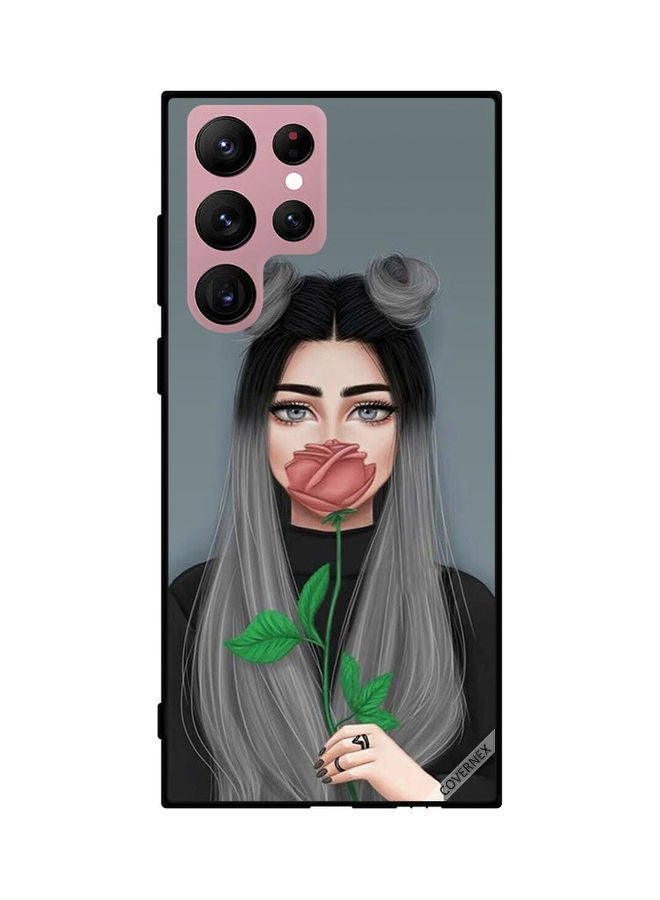Covernex Samsung Galaxy S22 Ultra 5G Protective Case Cover Printed Featuring Cute Girl Hide Mouth On Peach Rose DESIGN_0437 - Image 1