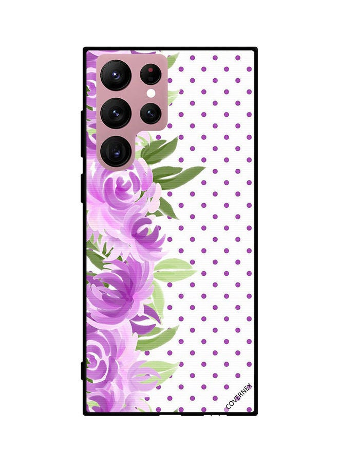 Covernex Samsung Galaxy S22 Ultra 5G Protective Case Cover Printed Featuring Purple Pink Roses & Green Keave Doted Pattern DESIGN_0278 - Image 1