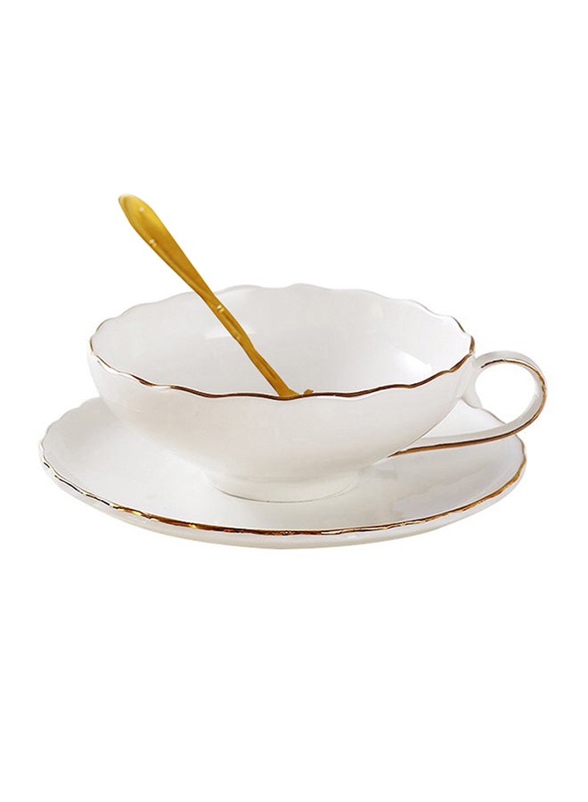 3-Piece Ceramic Tableware Gold Spoon & Coffee Cup With Saucer Set White 230ml  - Image 1