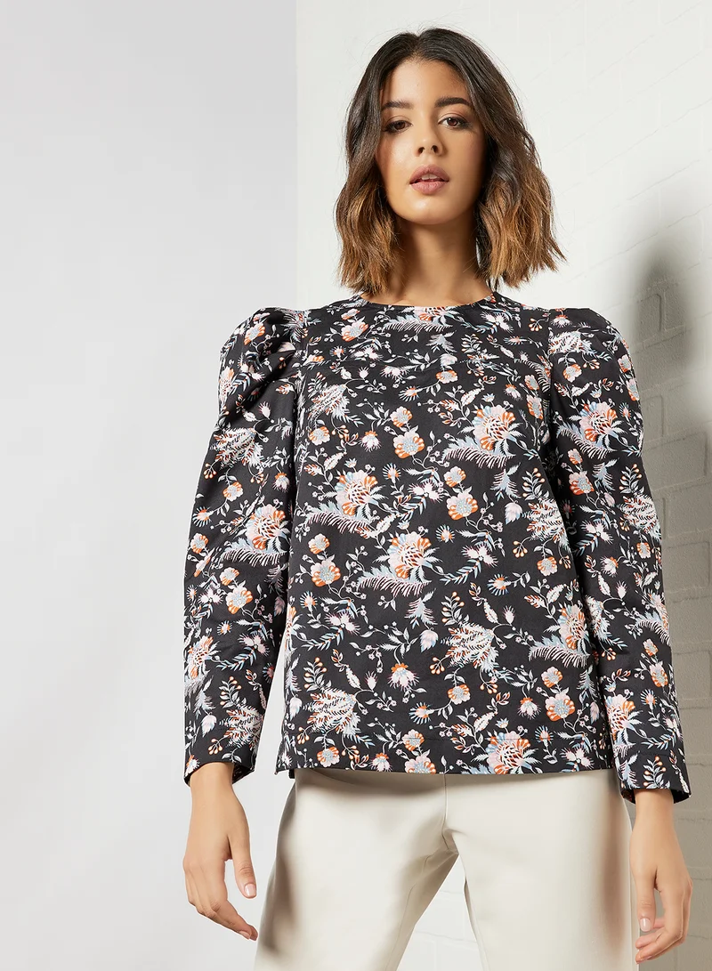 Ted Baker Puff Sleeve Printed Top Black