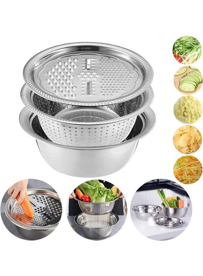 Multifunctional Stainless Steel Basin With Grater Vegetable Cutter With Drain Basket Bowl Set 3 In 1 Silver 30cm - Image 1